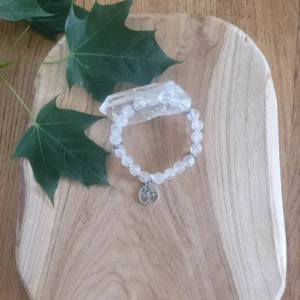 bracelet en cristal de roche sur du bois avec un pendentif arbre de vie en acier. Feuilles vertes decoratives