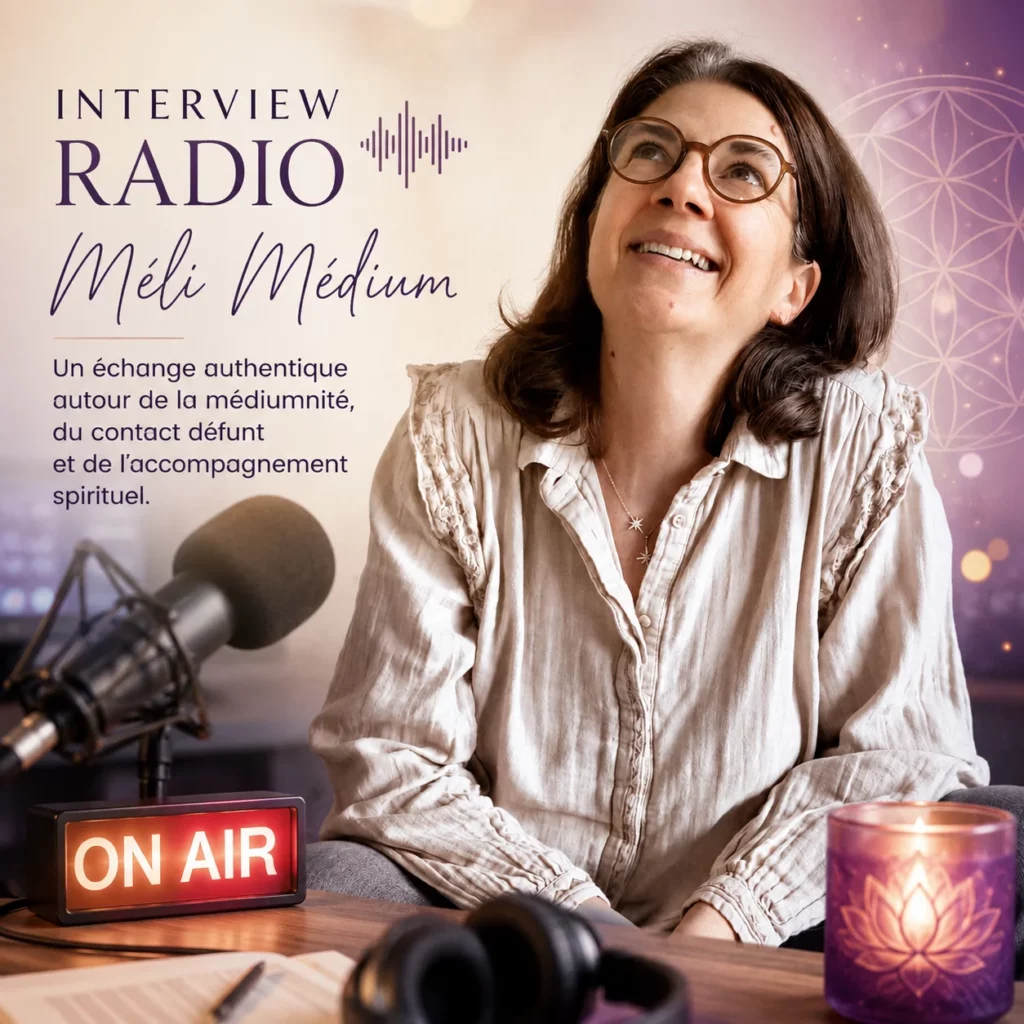 interview radio Méli Médium devant un micro regardant au ciel